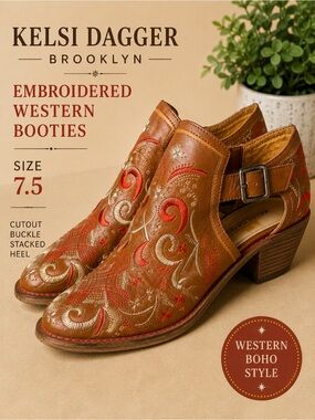 Kelsi Dagger Brooklyn Embroidered Western Ankle Booties Size 7.5